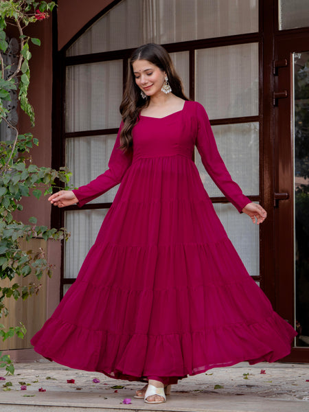 Poshak Hub Women Pink Georgette Tiered Anarkali Kurta with Sharara
