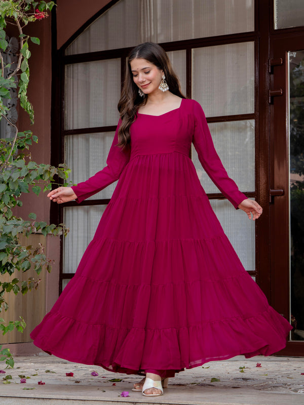Poshak Hub Women Pink Georgette Tiered Anarkali Kurta with Sharara