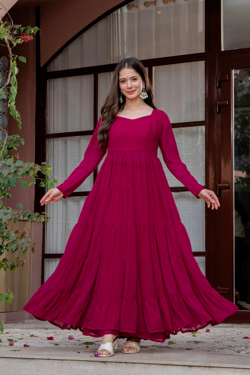 Poshak Hub Women Pink Georgette Tiered Anarkali Kurta with Sharara