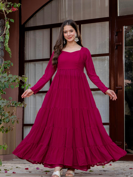 Poshak Hub Women Pink Georgette Tiered Anarkali Kurta with Sharara