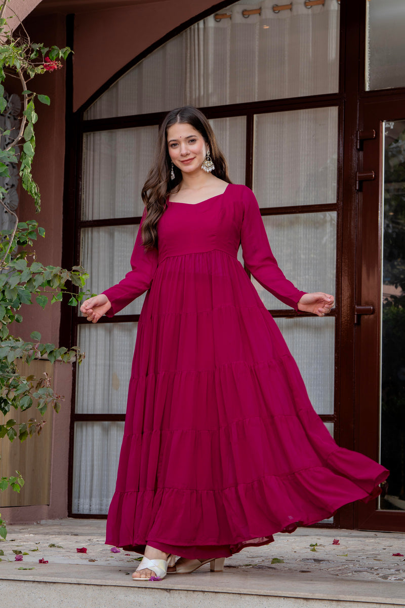 Poshak Hub Women Pink Georgette Tiered Anarkali Kurta with Sharara