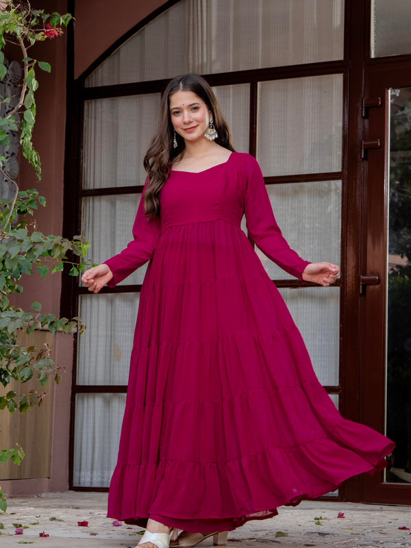 Poshak Hub Women Pink Georgette Tiered Anarkali Kurta with Sharara