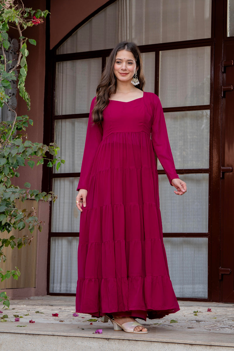Poshak Hub Women Pink Georgette Tiered Anarkali Kurta with Sharara