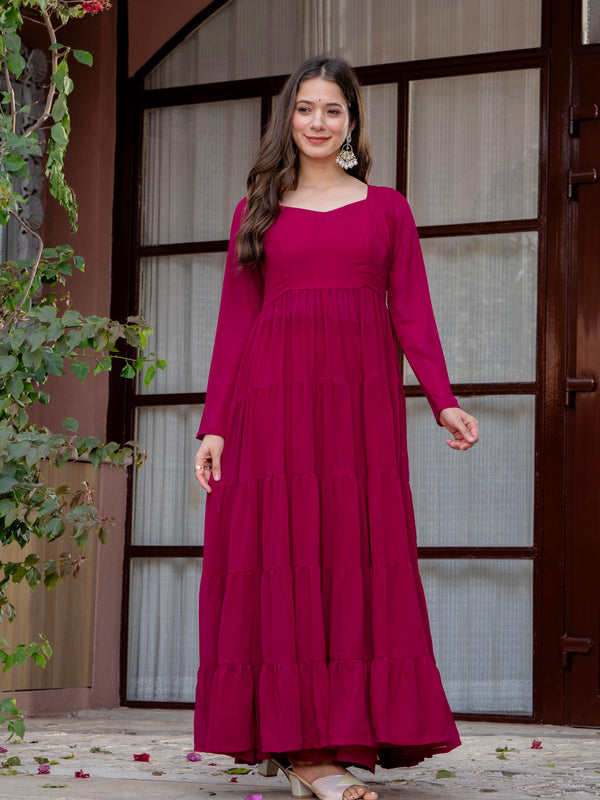 Poshak Hub Women Pink Georgette Tiered Anarkali Kurta with Sharara