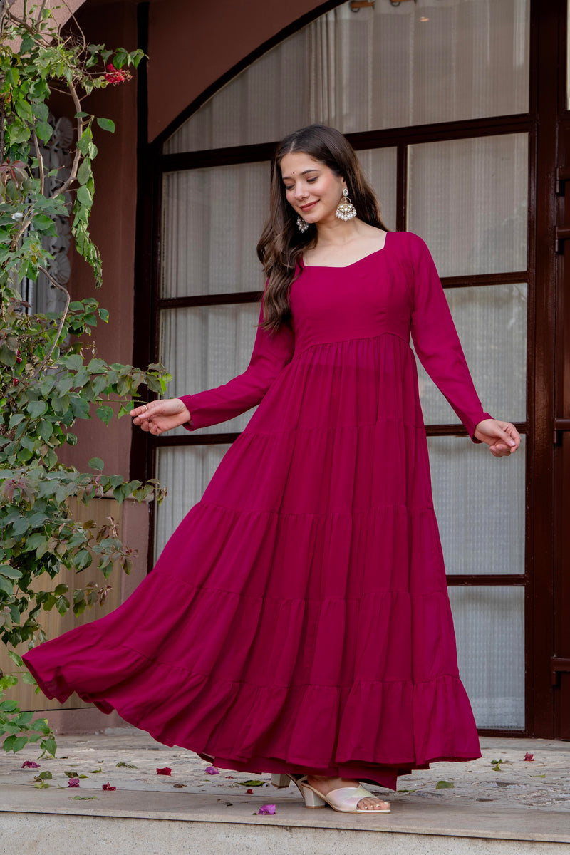 Poshak Hub Women Pink Georgette Tiered Anarkali Kurta with Sharara