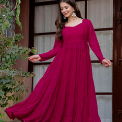 Poshak Hub Women Pink Georgette Tiered Anarkali Kurta with Sharara