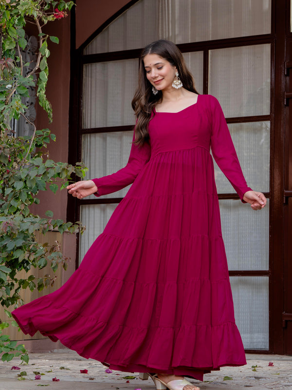 Poshak Hub Women Pink Georgette Tiered Anarkali Kurta with Sharara