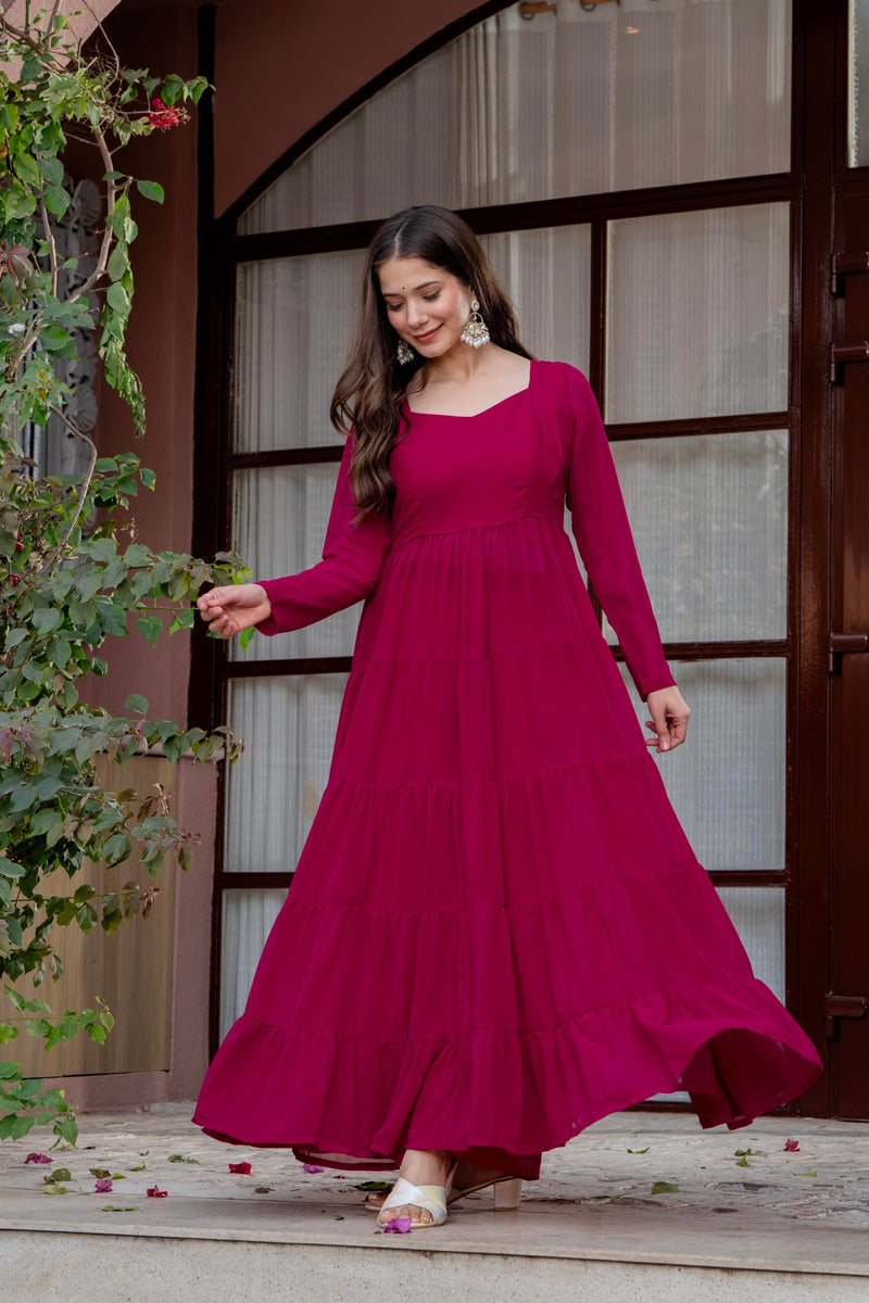 Poshak Hub Women Pink Georgette Tiered Anarkali Kurta with Sharara