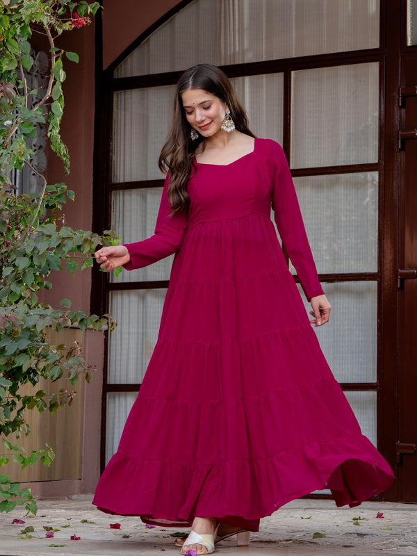 Poshak Hub Women Pink Georgette Tiered Anarkali Kurta with Sharara