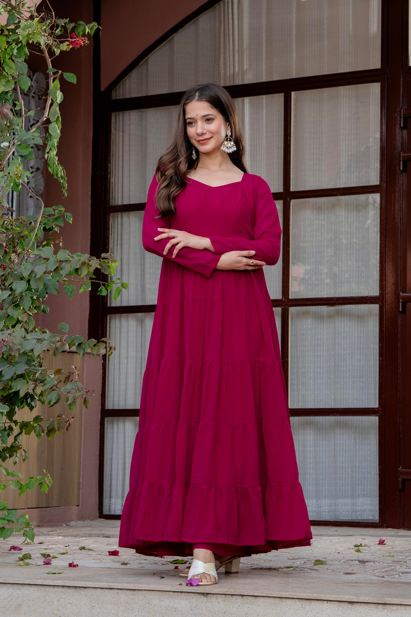 Poshak Hub Women Pink Georgette Tiered Anarkali Kurta with Sharara
