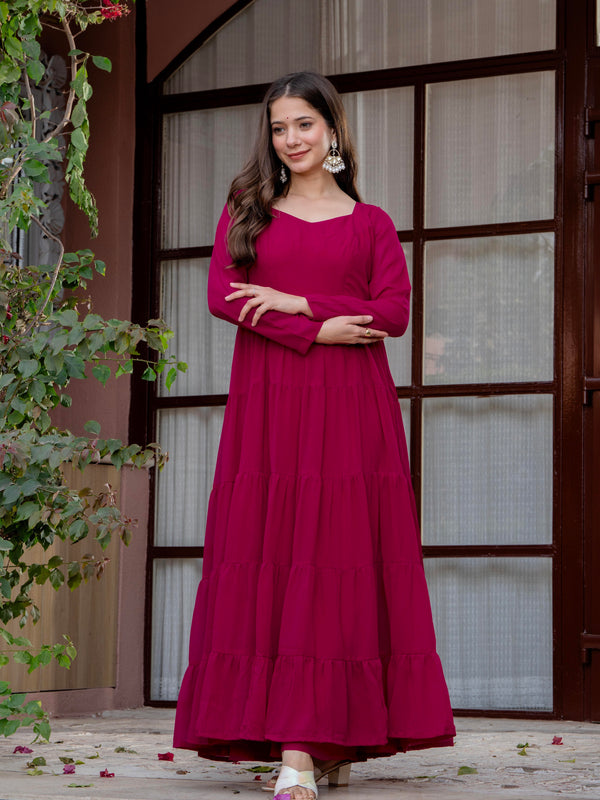 Poshak Hub Women Pink Georgette Tiered Anarkali Kurta with Sharara