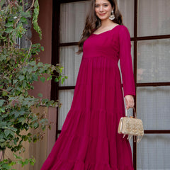 Poshak Hub Women Pink Georgette Tiered Anarkali Kurta with Sharara