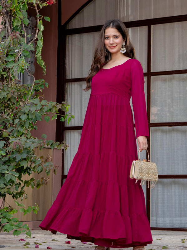 Poshak Hub Women Pink Georgette Tiered Anarkali Kurta with Sharara