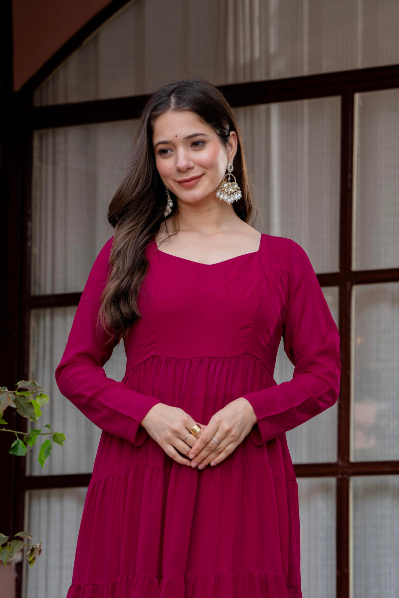 Poshak Hub Women Pink Georgette Tiered Anarkali Kurta with Sharara