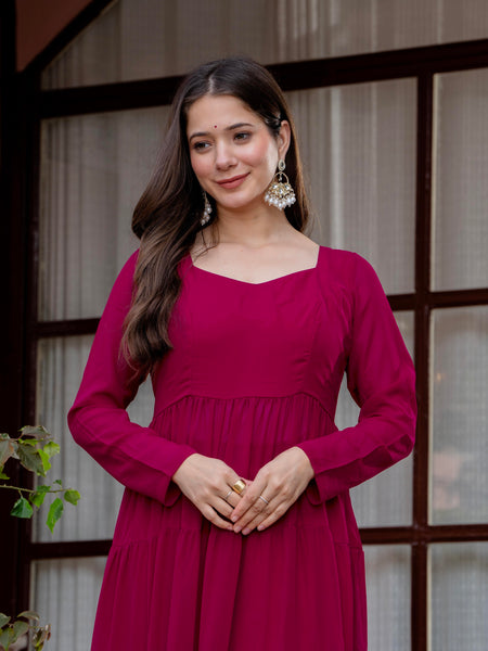 Poshak Hub Women Pink Georgette Tiered Anarkali Kurta with Sharara