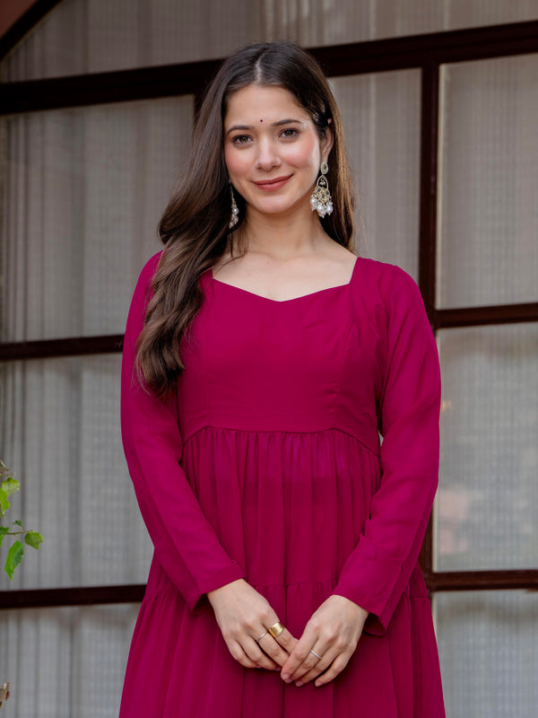 Poshak Hub Women Pink Georgette Tiered Anarkali Kurta with Sharara