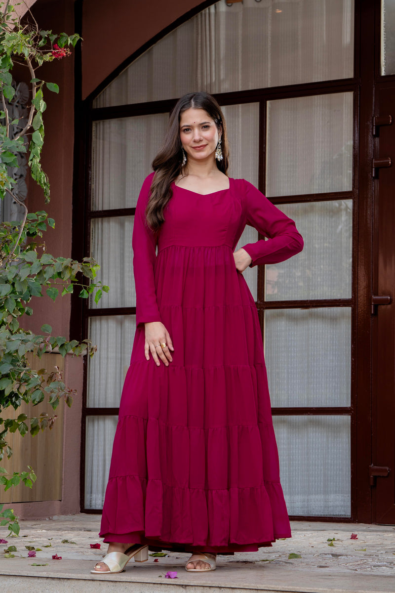 Poshak Hub Women Pink Georgette Tiered Anarkali Kurta with Sharara