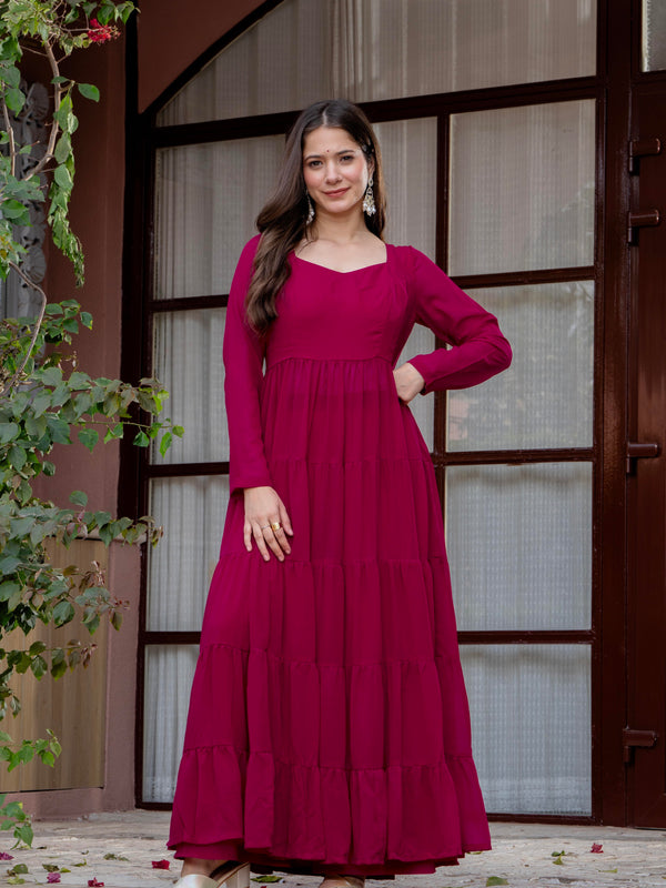 Poshak Hub Women Pink Georgette Tiered Anarkali Kurta with Sharara