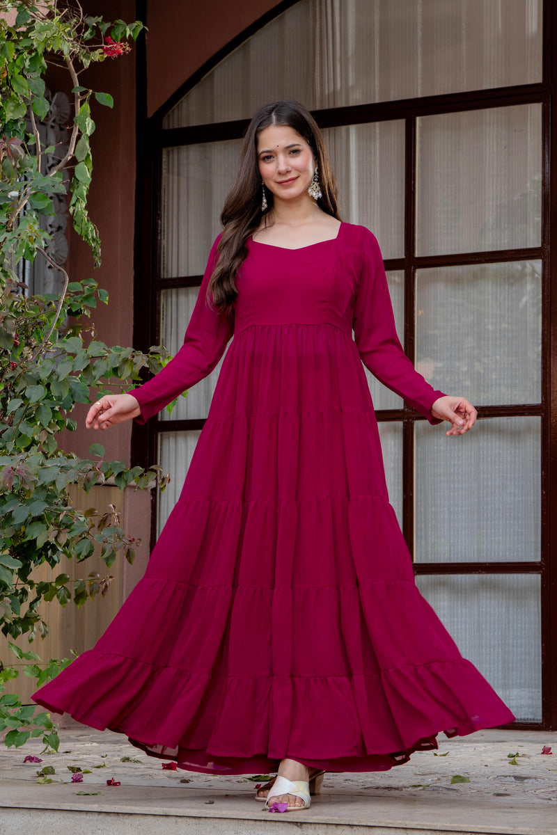 Poshak Hub Women Pink Georgette Tiered Anarkali Kurta with Sharara