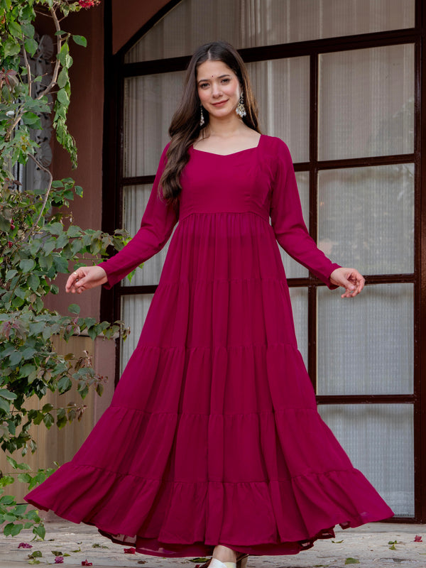 Poshak Hub Women Pink Georgette Tiered Anarkali Kurta with Sharara