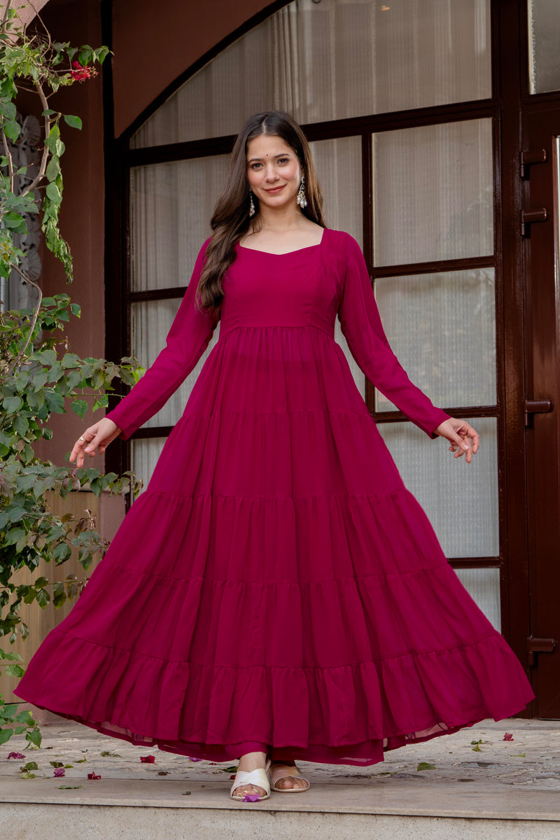 Poshak Hub Women Pink Georgette Tiered Anarkali Kurta with Sharara
