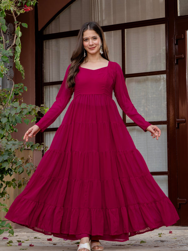 Poshak Hub Women Pink Georgette Tiered Anarkali Kurta with Sharara
