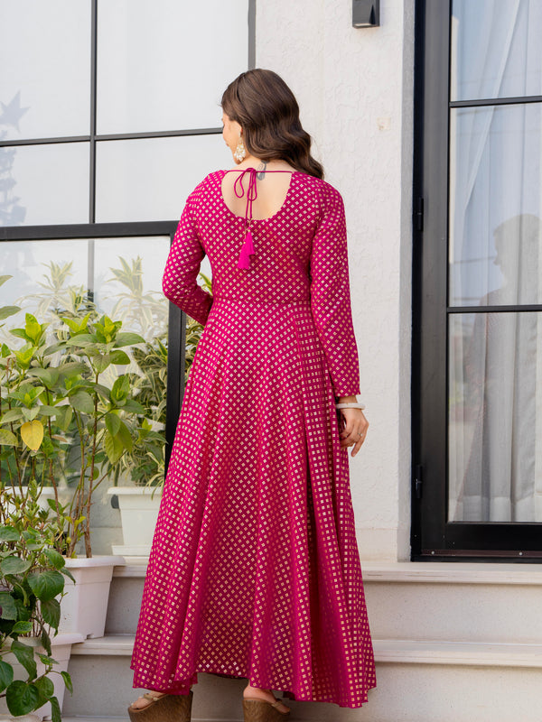Poshak Hub Women Pink Georgette Foil Print Anarkali Kurta