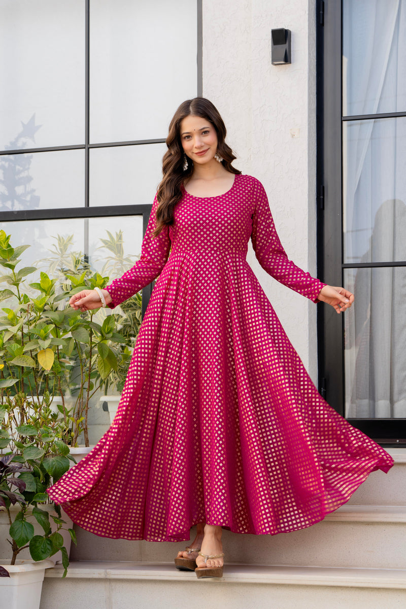Poshak Hub Women Pink Georgette Foil Print Anarkali Kurta