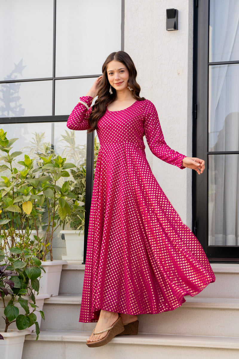 Poshak Hub Women Pink Georgette Foil Print Anarkali Kurta