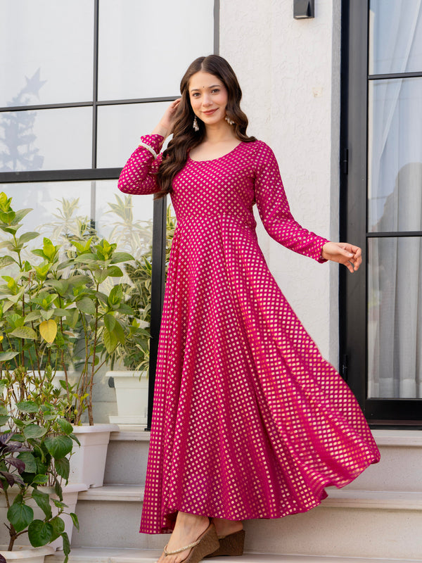 Poshak Hub Women Pink Georgette Foil Print Anarkali Kurta