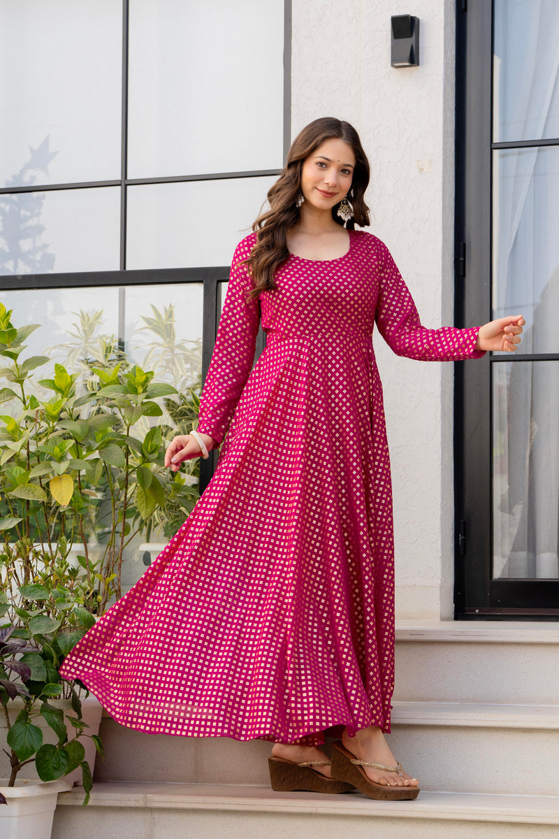 Poshak Hub Women Pink Georgette Foil Print Anarkali Kurta