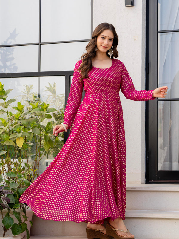 Poshak Hub Women Pink Georgette Foil Print Anarkali Kurta