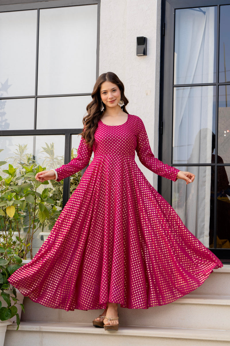 Poshak Hub Women Pink Georgette Foil Print Anarkali Kurta