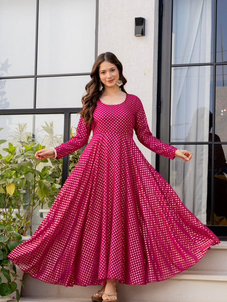 Poshak Hub Women Pink Georgette Foil Print Anarkali Kurta