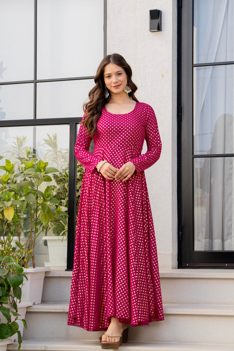 Poshak Hub Women Pink Georgette Foil Print Anarkali Kurta