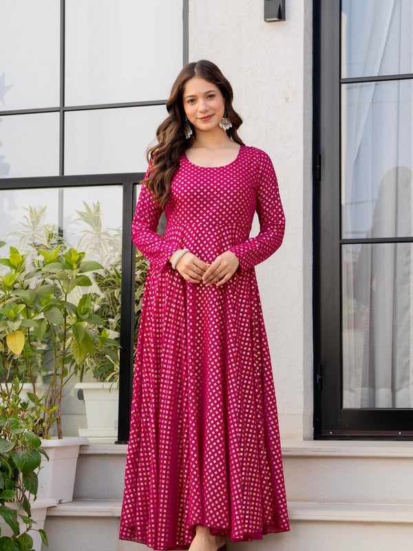 Poshak Hub Women Pink Georgette Foil Print Anarkali Kurta