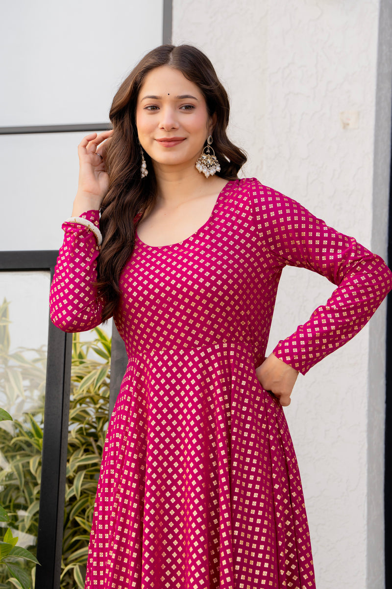Poshak Hub Women Pink Georgette Foil Print Anarkali Kurta