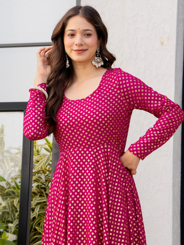 Poshak Hub Women Pink Georgette Foil Print Anarkali Kurta