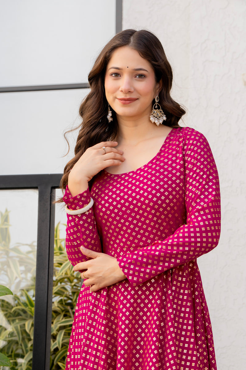 Poshak Hub Women Pink Georgette Foil Print Anarkali Kurta