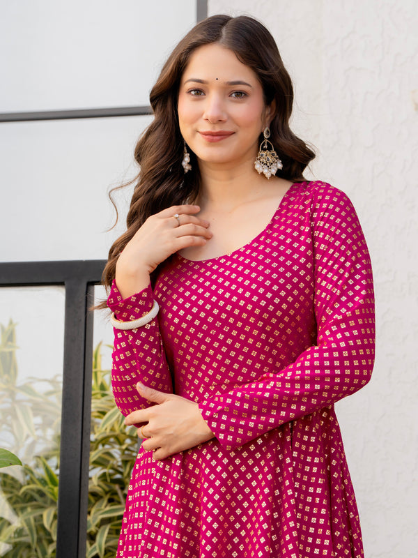 Poshak Hub Women Pink Georgette Foil Print Anarkali Kurta