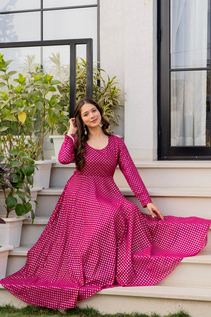 Poshak Hub Women Pink Georgette Foil Print Anarkali Kurta