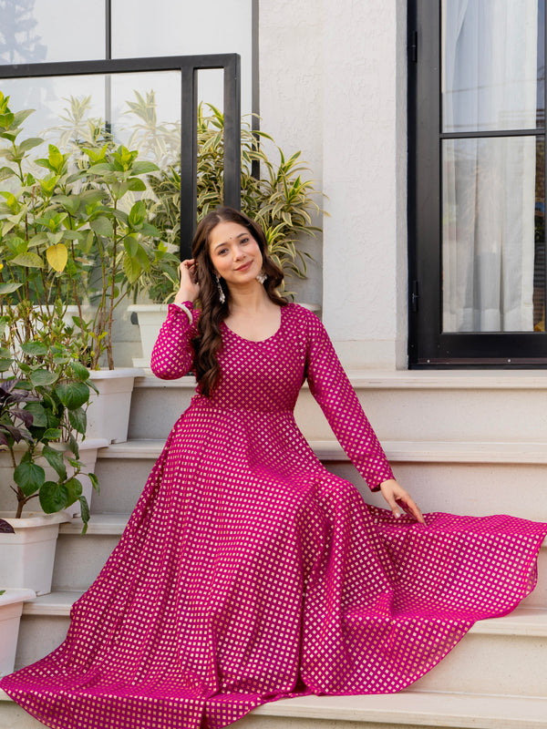 Poshak Hub Women Pink Georgette Foil Print Anarkali Kurta