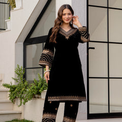 Poshak Hub Women Black Velvet Embroidered Kurta & Trouser Set