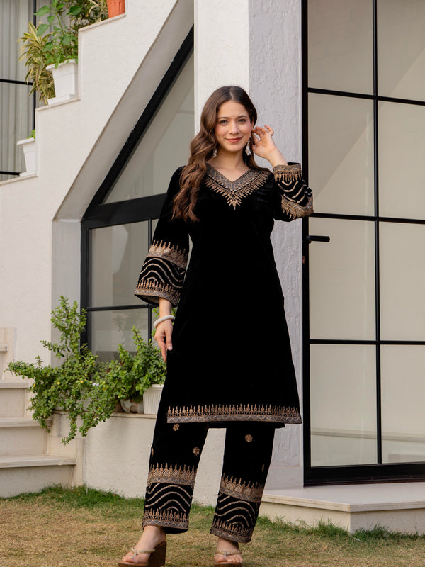 Poshak Hub Women Black Velvet Embroidered Kurta & Trouser Set