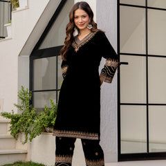 Poshak Hub Women Black Velvet Embroidered Kurta & Trouser Set