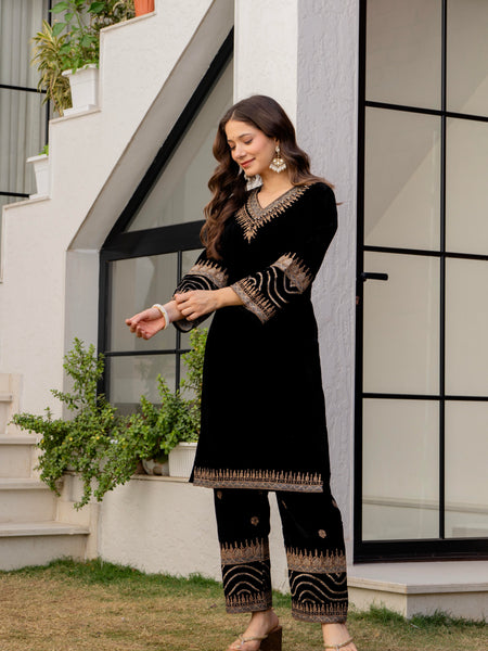 Poshak Hub Women Black Velvet Embroidered Kurta & Trouser Set