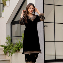 Poshak Hub Women Black Velvet Embroidered Kurta & Trouser Set