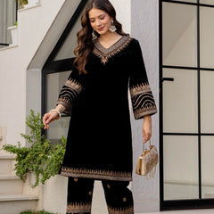 Poshak Hub Women Black Velvet Embroidered Kurta & Trouser Set