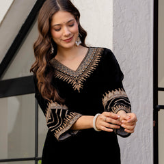 Poshak Hub Women Black Velvet Embroidered Kurta & Trouser Set