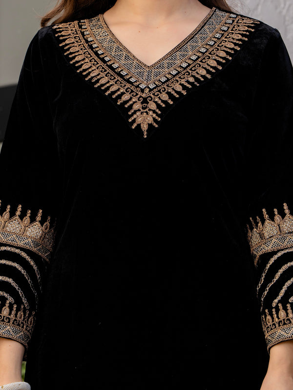 Poshak Hub Women Black Velvet Embroidered Kurta & Trouser Set